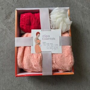 Spa Essentials 3 Piece Bath Set Plush Towel Wrap Hair Twist Loofah Peach Red New